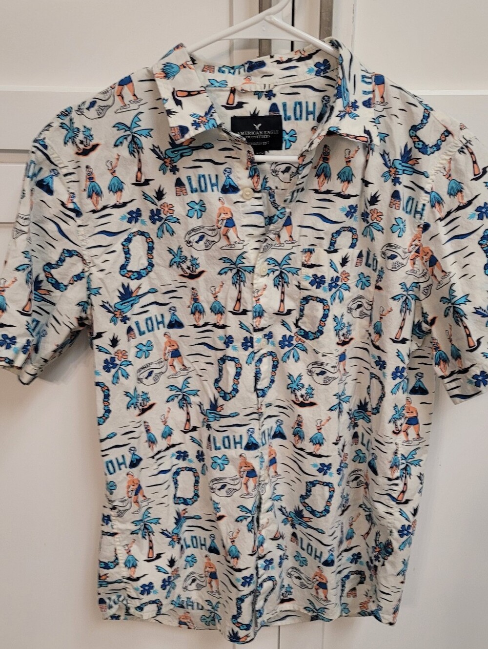 American Eagle Outfitters White & Blue Hawaiian Print Short-Sleeve Shirt